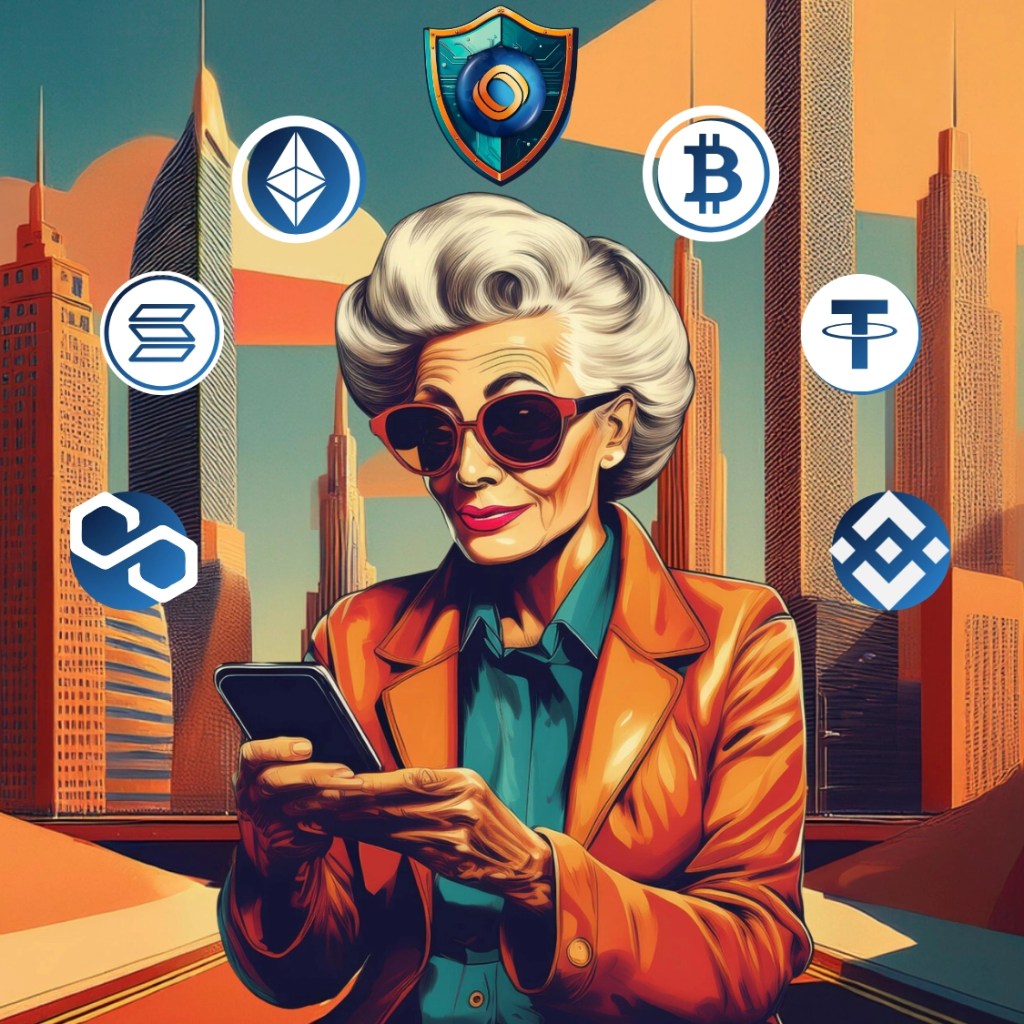 Elderly woman, holding her smartphone, she is surrounded by icons representing security and all the different cryptocurrencies, there's a futuristic city in the background.