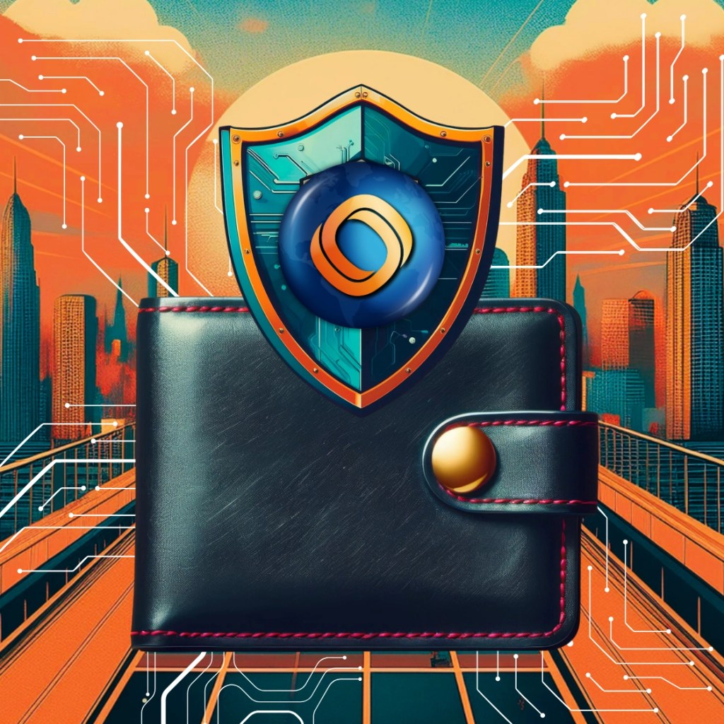 A black wallet with Microchip lines coming out of it and Mundo's logo on top of a shield in the front, a futuristic city in the background