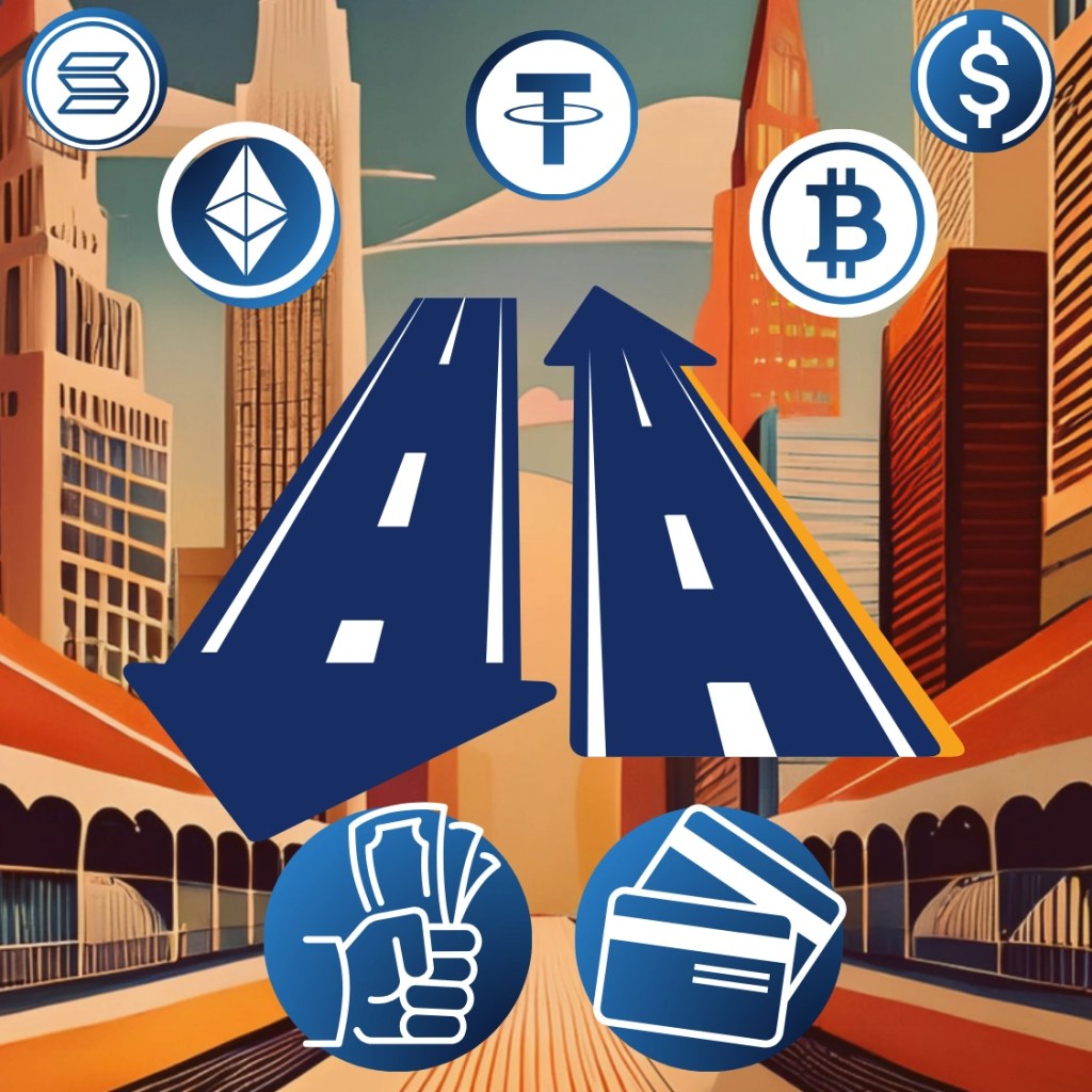 5 icons of cryptocurrency on top, then two arrows pointing to the top and bottom that look like roads, and in the botom two icons of money and credit cards.