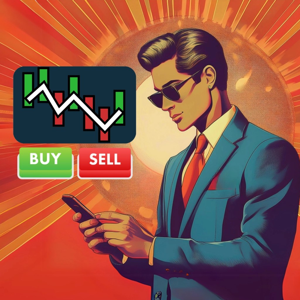Man watching his smartphone, there is a grap that symbolizes Cryptocurrency values and Buy/Sell buttons