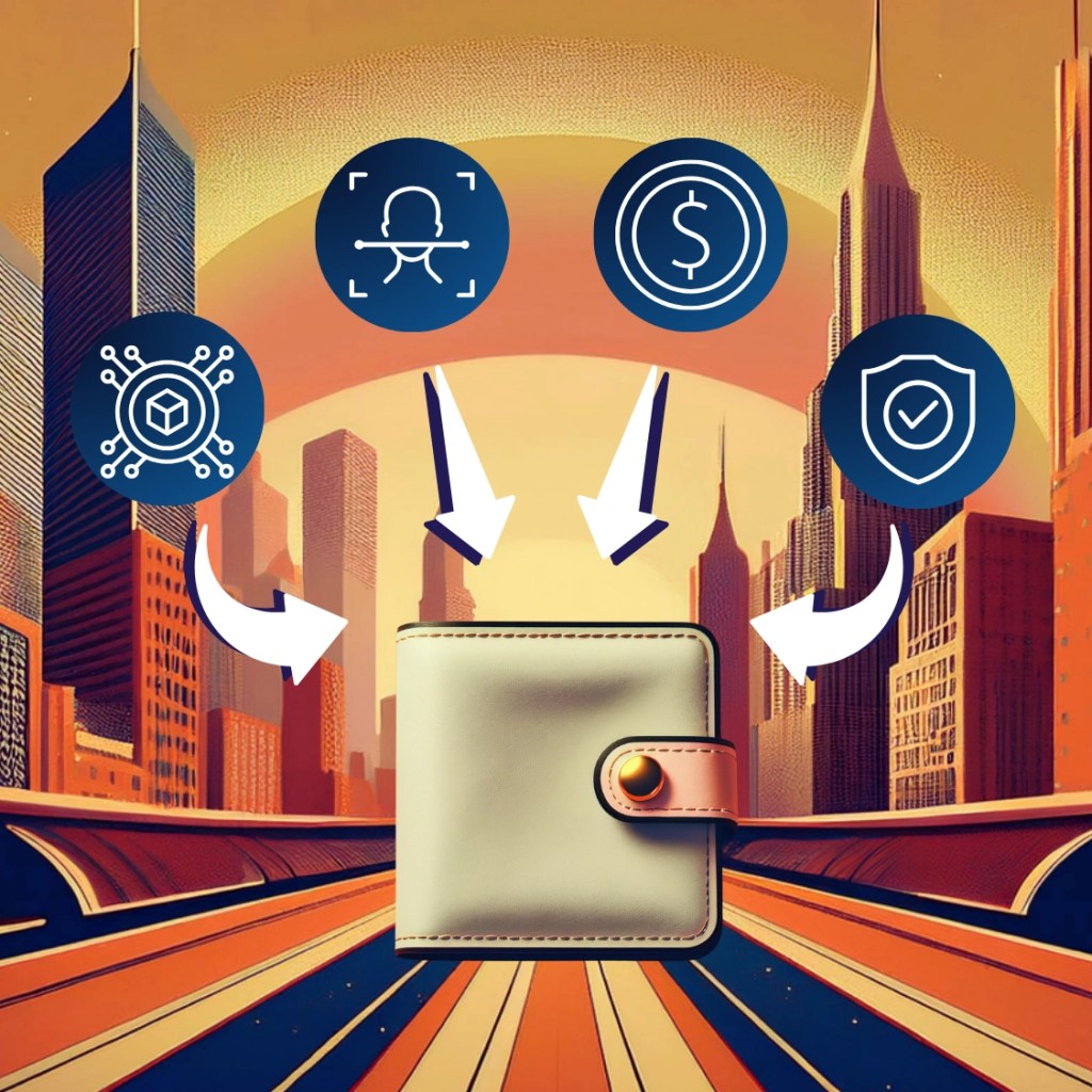 A wallet with icons surrounding it that symbolize functions that the user can make. there's a futuristic city in the background