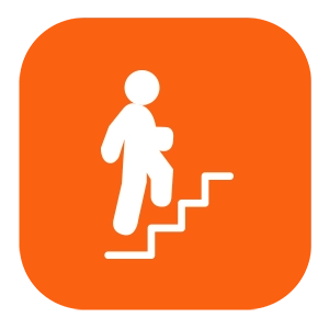 A square that displays an icon of a person walking up a staircase