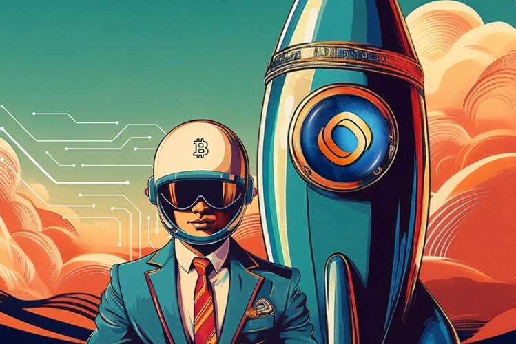 Man wearing a helmet with the Bitcoin logo. In the background, there's a rocket with the Mundo logo on it, symbolizing financial empowerment.