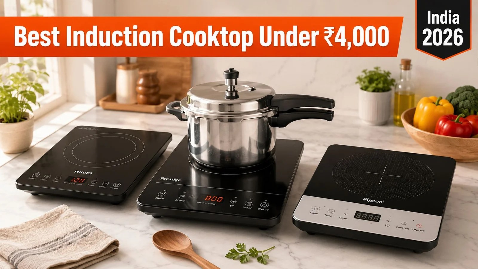 Induction cooktops with a pressure cooker on a kitchen counter