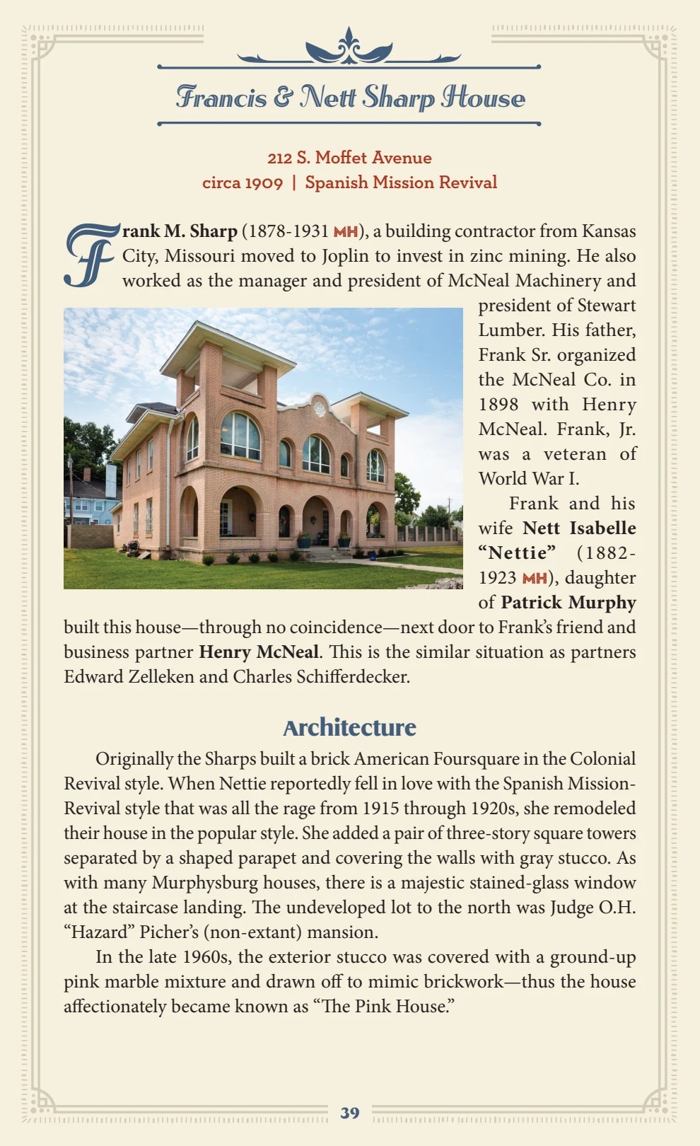 A page from the guide featuring the Francis and Nettie Sharp House