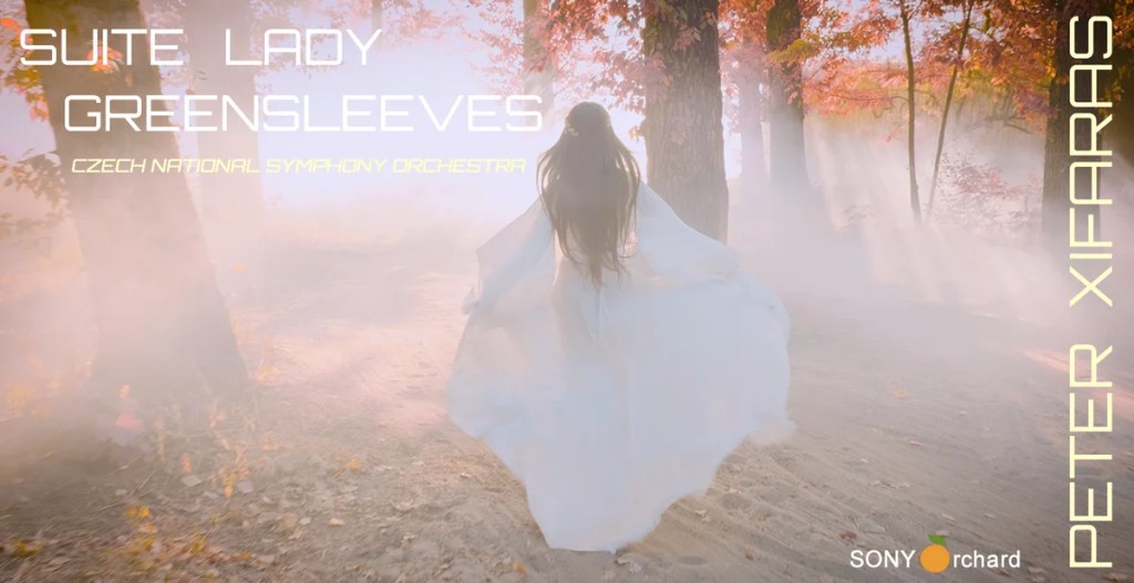 A woman in a flowing white dress walks through a foggy forest with autumn-colored trees. The text overlay includes 'Suite Lady Greensleeves', 'Czech National Symphony Orchestra', and 'Peter Xifaras'.