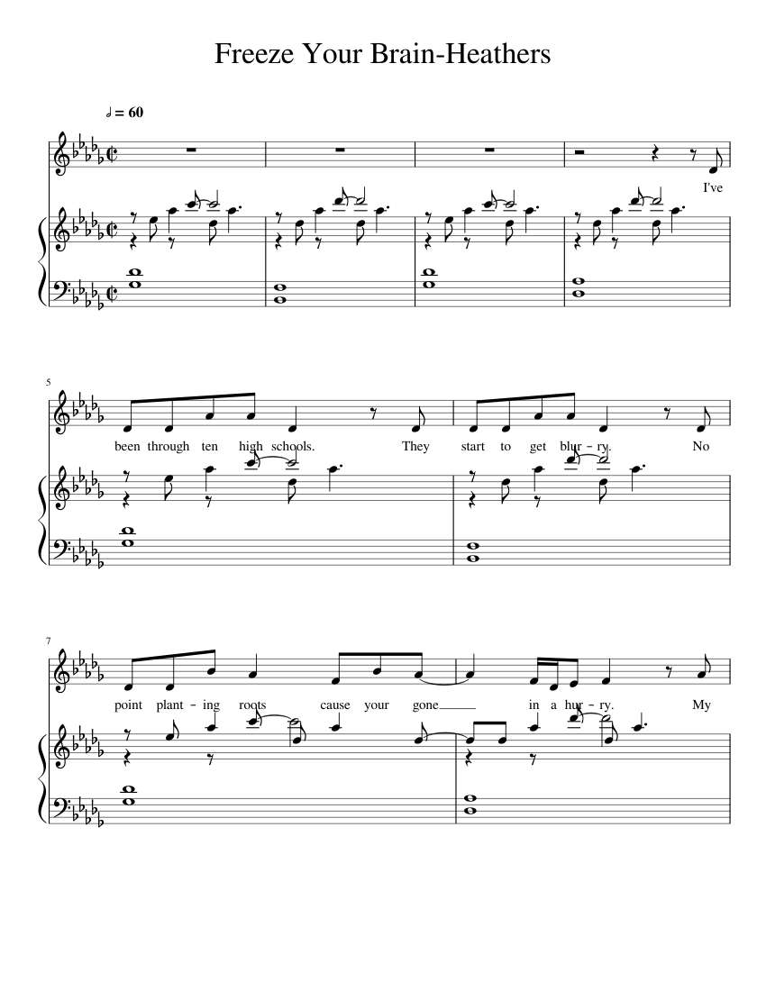 Freeze your brain heathers sheet music for piano, vocals (piano-voice