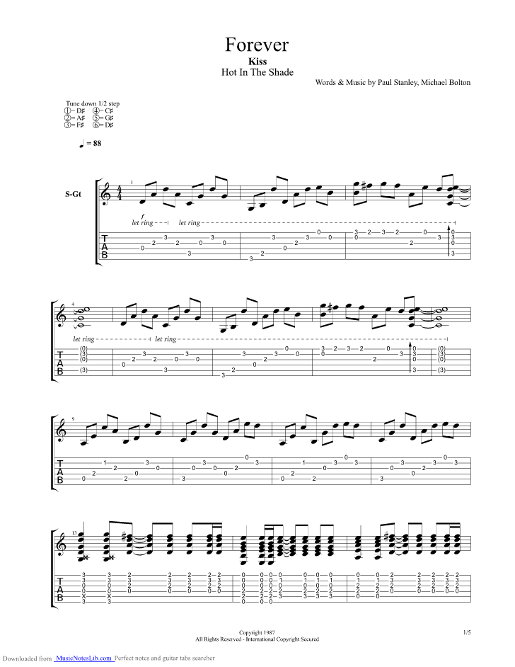 · out on the streets for a living · picture's only . Forever guitar pro tab by Kiss @ musicnoteslib.com