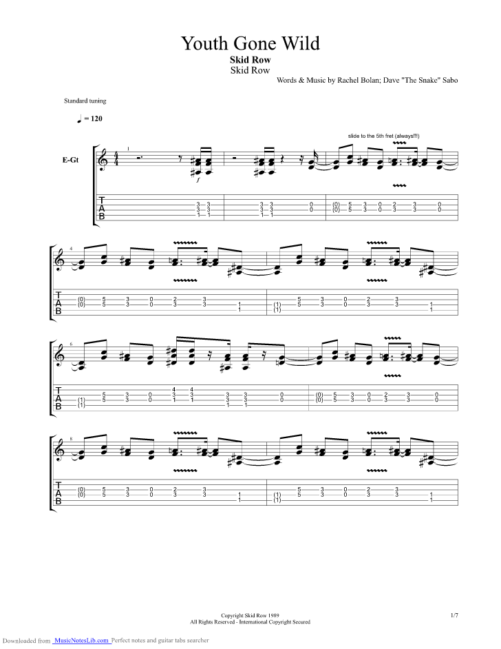 Funk studies for the electric bass.pdf: Youth Gone Wild guitar pro tab by Skid Row @ musicnoteslib.com