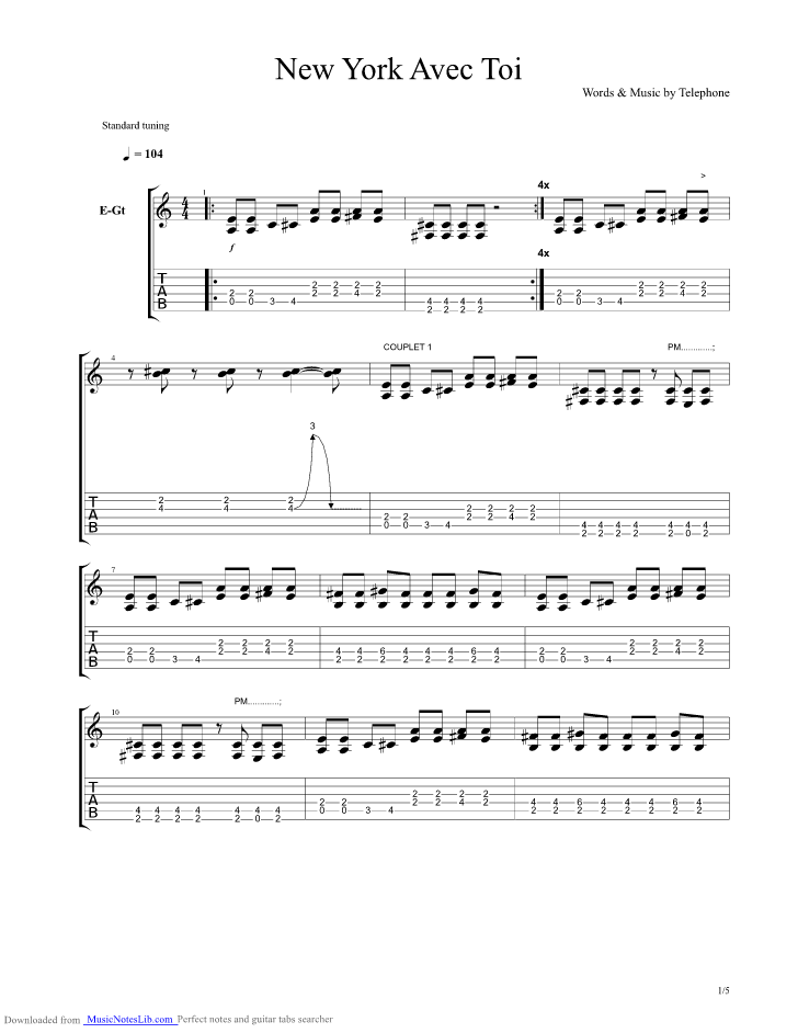 New york avec toi, artiste : partition guitare new york avec toi