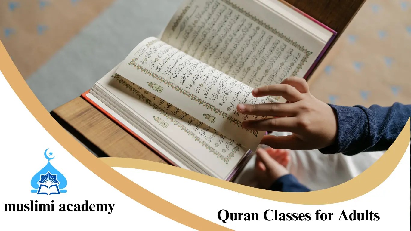 Promotional graphic for Muslimi Academy offering Quran classes for adults, featuring an open Quran and a calm blue background.