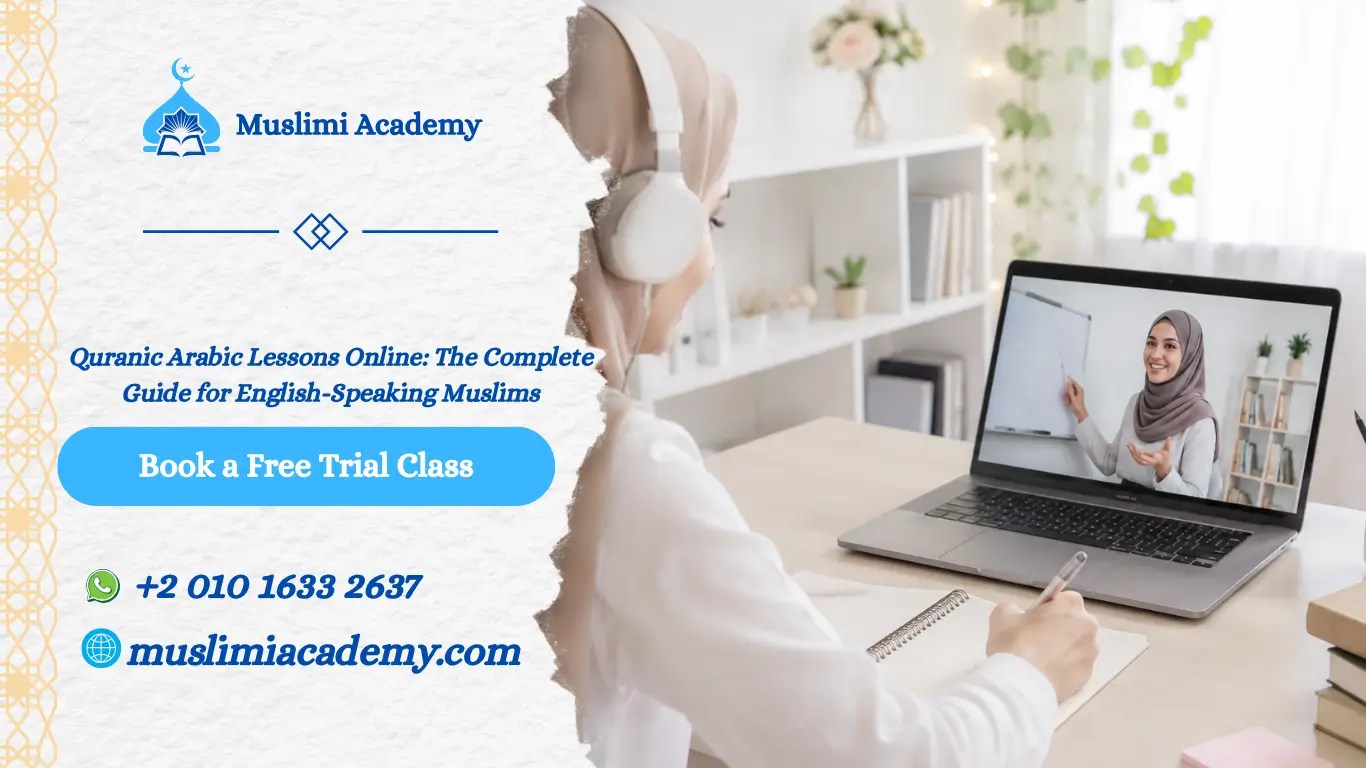 "Hijabi student taking an online Quranic Arabic lessons with a female teacher from Muslimi Academy."