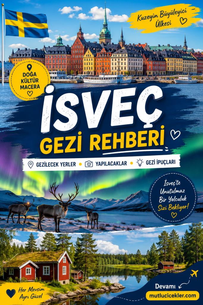 İsveç gezi rehberi; İsveç bayrağı, renkli binalar, doğal manzaralar ve geyiklerin yer aldığı bir derleme.