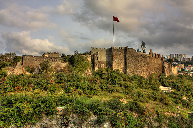 Bir tepe üzerinde bulunan tarihi bir kale, ön planda yeşil bitki örtüsü ile çevrili. Kalenin üstünde Türk bayrağı dalgalanıyor. Arkada gökyüzünde hafif bulutlar görülmekte.