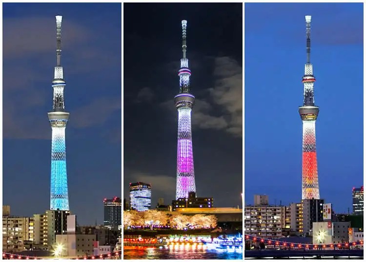 Tokyo Skytree'nin farklı aydınlatma renklerinde üç görüntüsü.