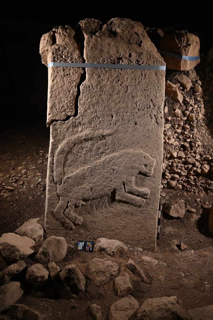A large, carved stone pillar featuring a relief of a lion, surrounded by scattered rocks in an archaeological site, depicting the ancient artistry of Göbeklitepe.