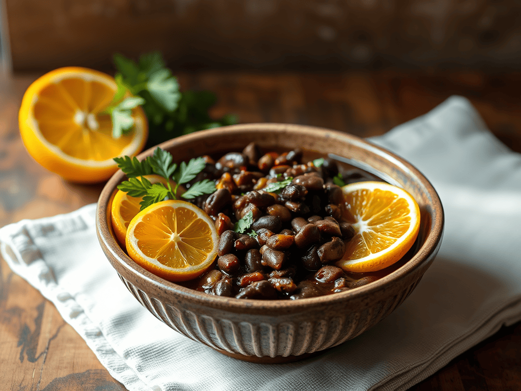 Brezilya'nın ulusal yemeği Feijoada, siyah fasulye, et ve sosisle hazırlanmış bir yemek. Tabakta portakal dilimleri ve yeşil yapraklarla süslenmiş.