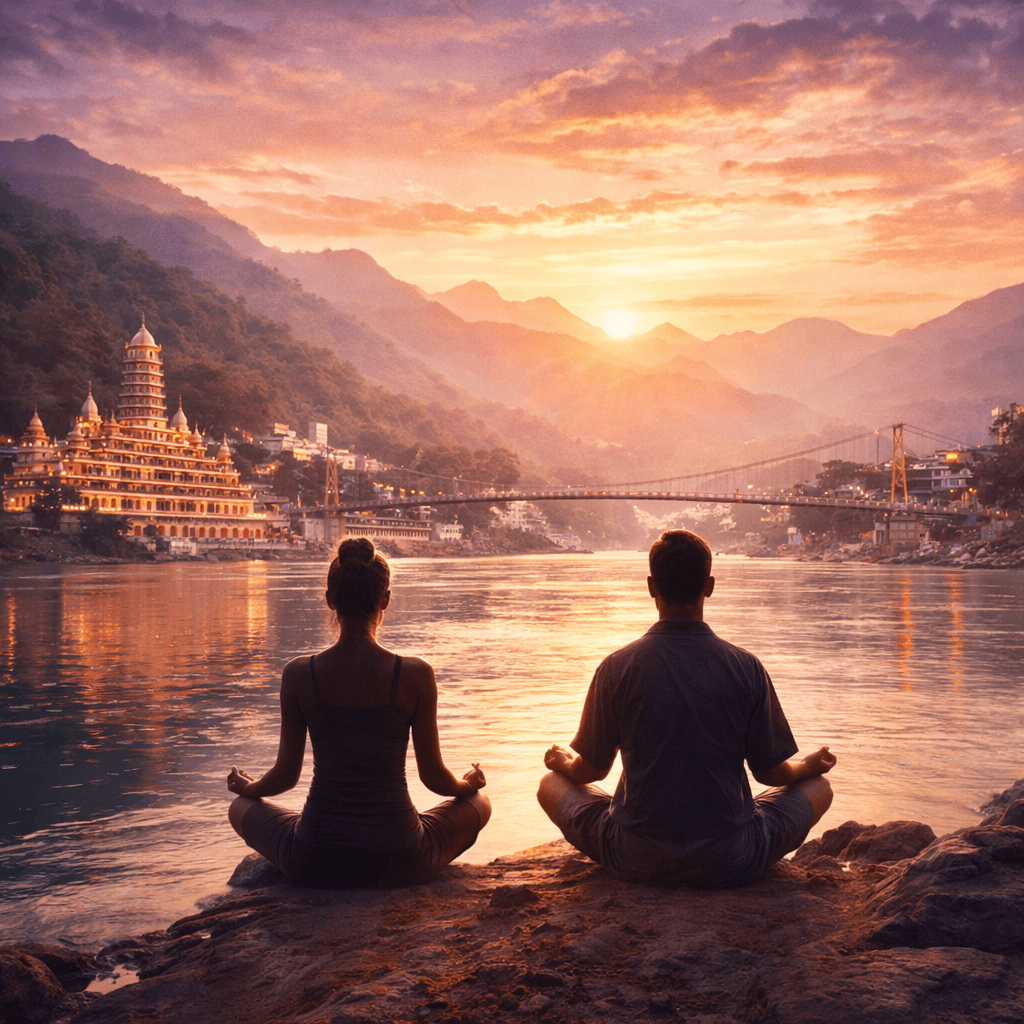 Bir nehir kenarında meditasyon yapan iki kişi, arka planda dağlar ve bir tapınak görüntüsü ile birlikte gün batımını izliyor.