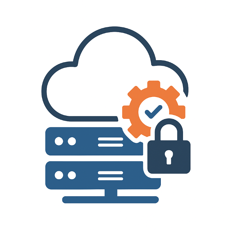 Shared hosting icon with cloud, servers, gear, and padlock representing cPanel-based email environments