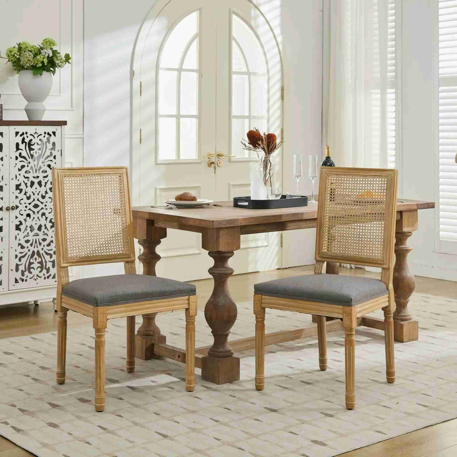 French Louis Dining Chairs Set of 2 with Square Rattan Backrest and Carved Solid Wood Frame