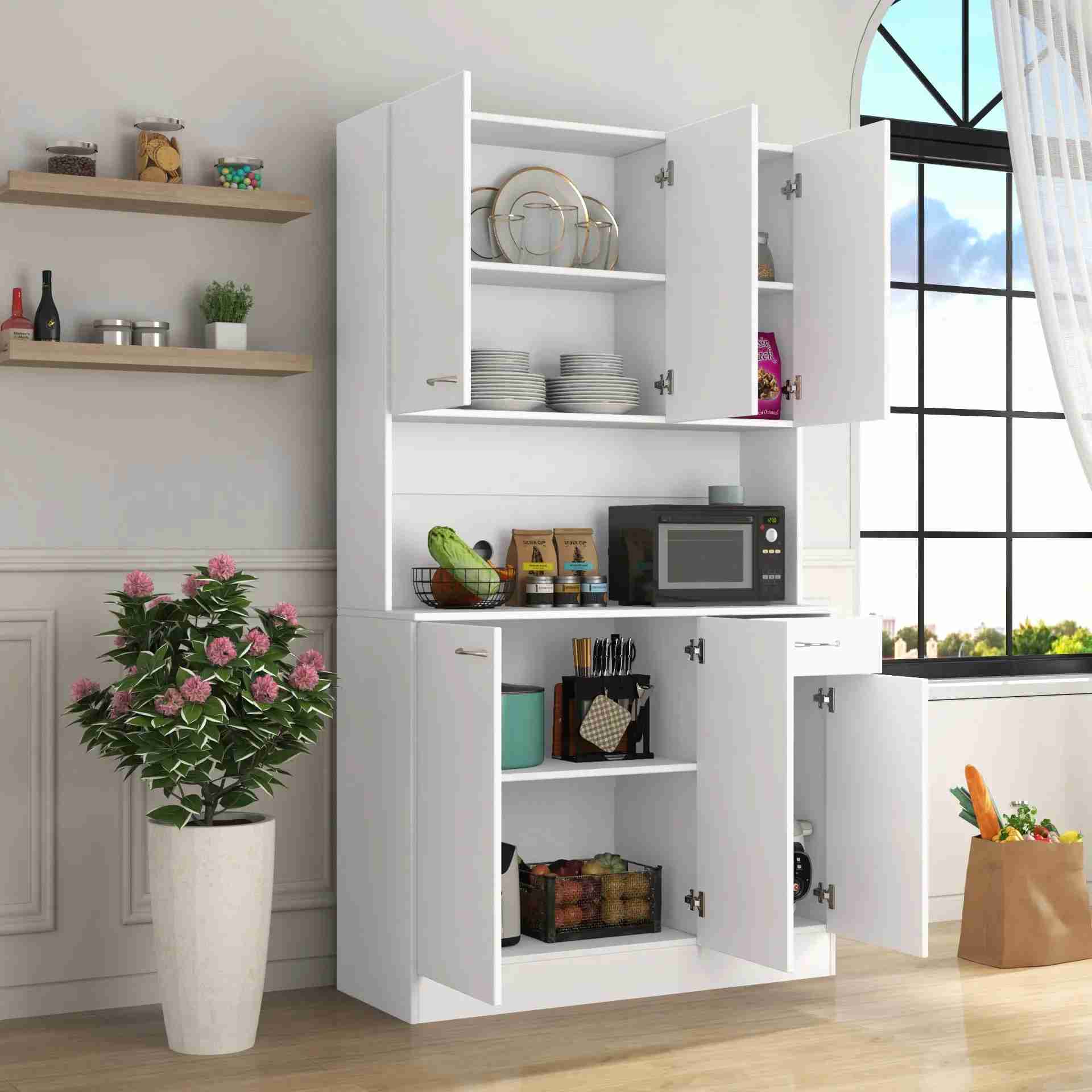 70.87' Tall Wardrobe & Kitchen Cabinet with 6 Doors, 1 Open Shelf and 1 Drawer