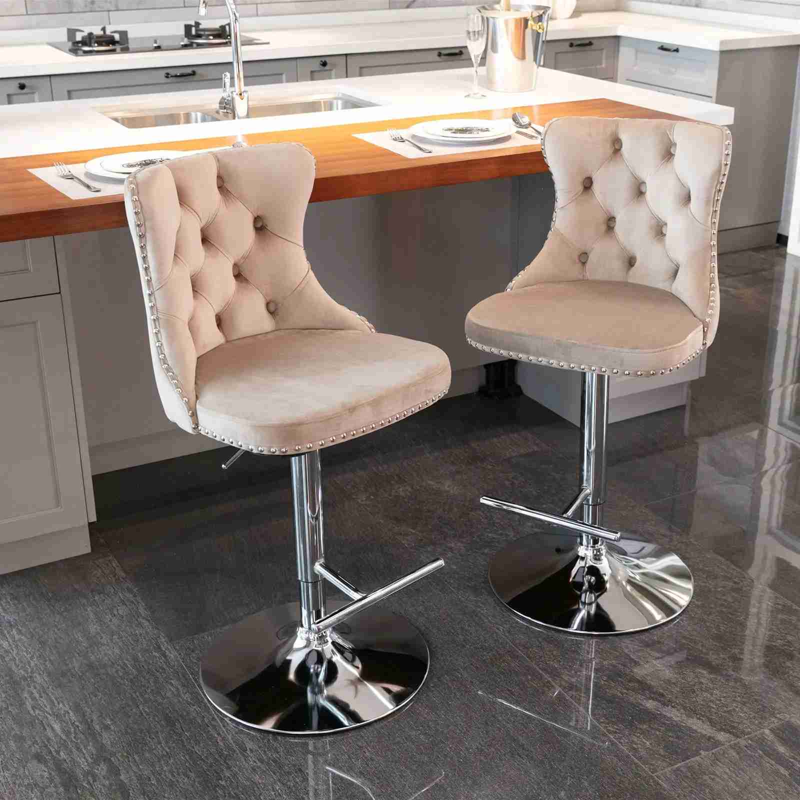 Swivel Velvet Barstools Adjustable 2533in Height, Upholstered Chrome Base, Tufted Back