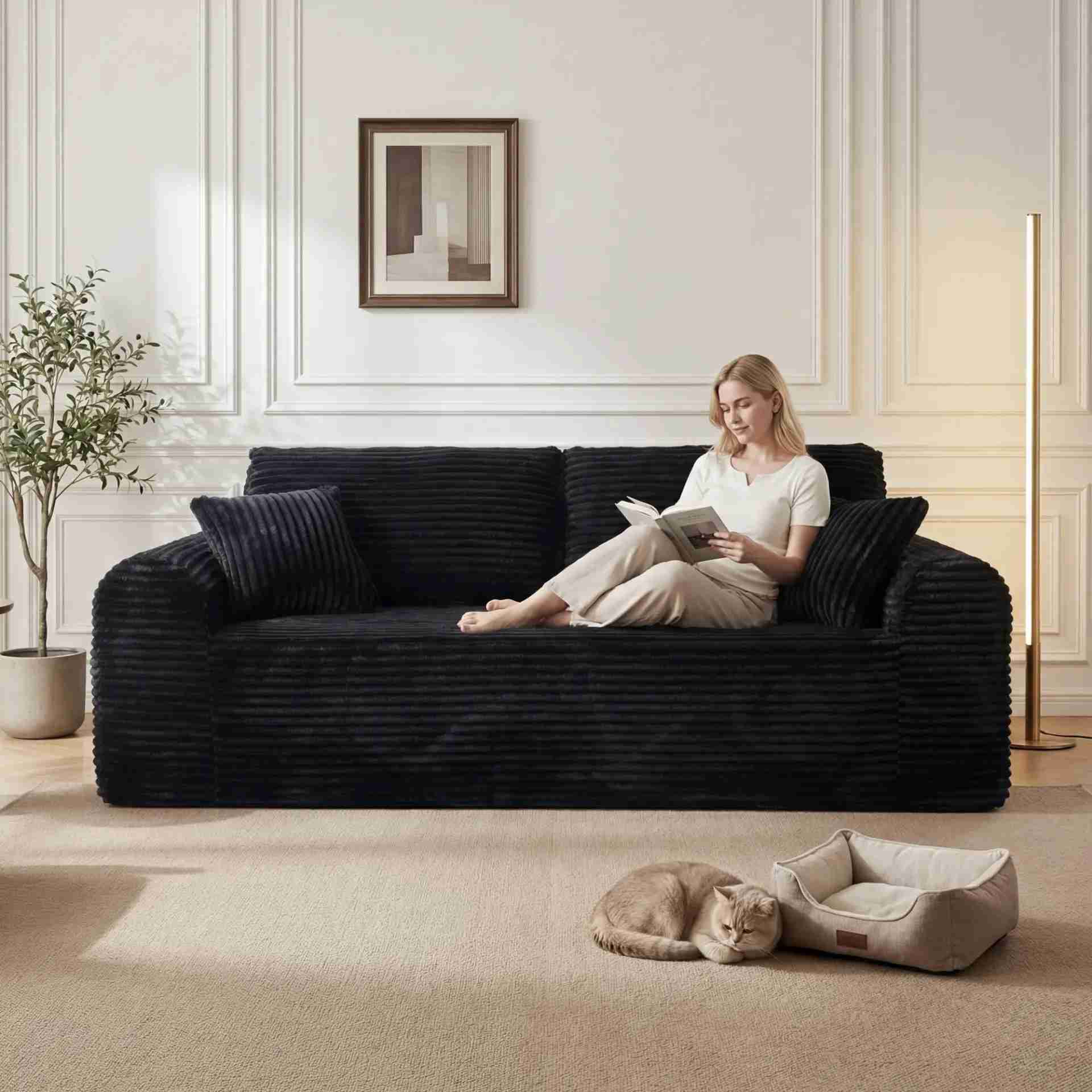 3 Seater Couch, Corduroy Boneless Couches for Living Room,26.4' Cloud Couch with Deep Seat,Comfy Floor Sofa with 2 Pillo