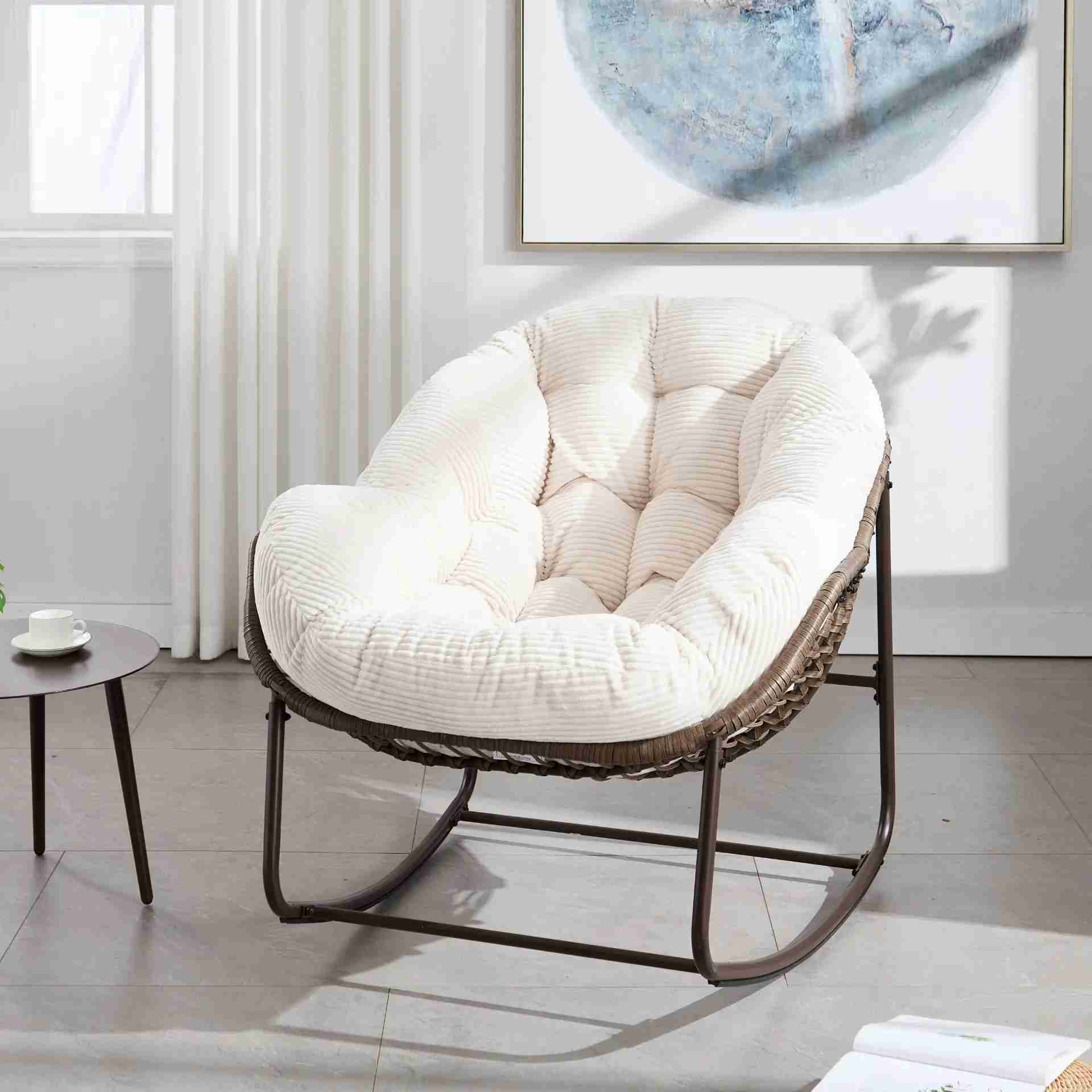 Outdoor Rattan Rocking Chair, Padded Cushion Rocker Recliner Chair