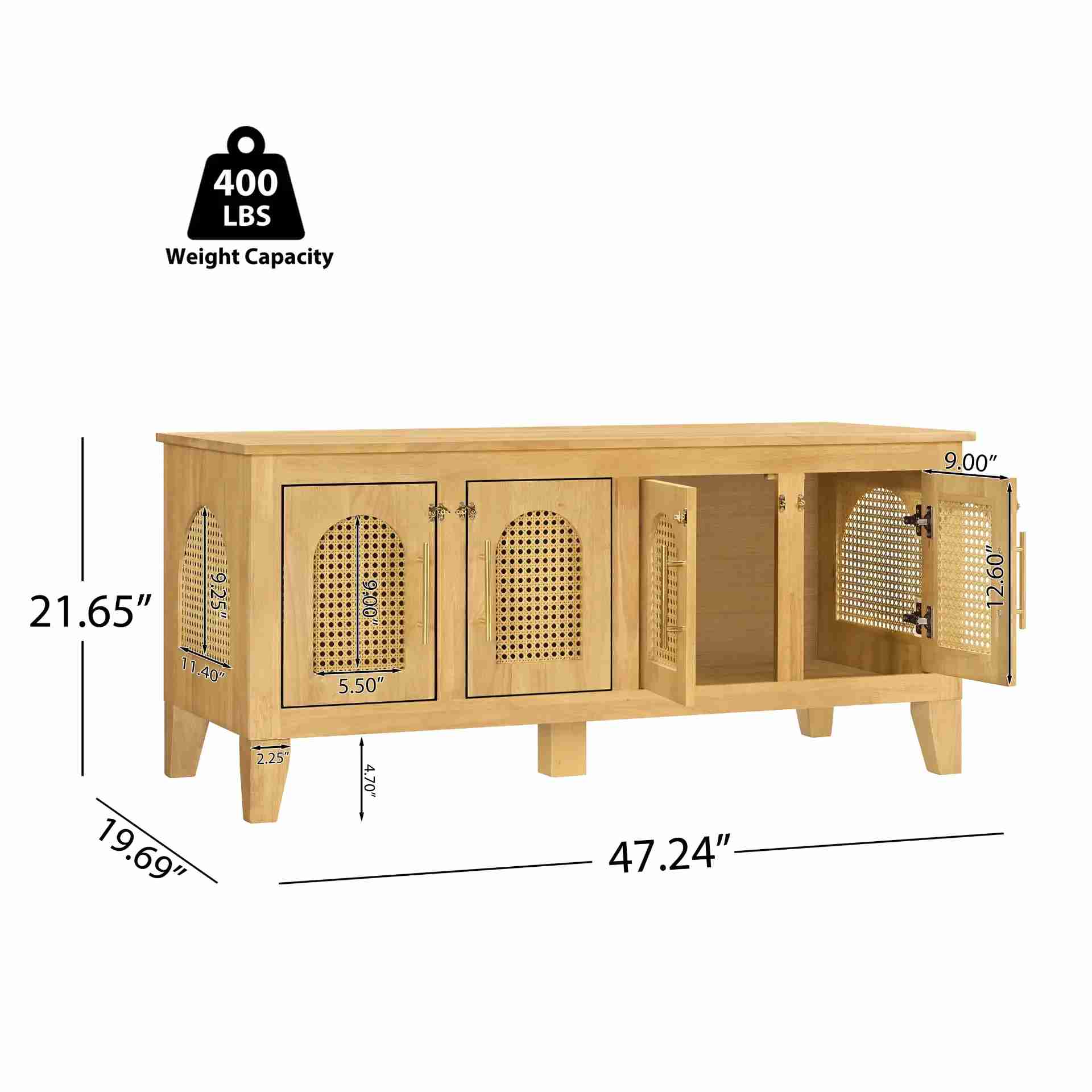 Rattan Wooden Dog Crate Cabinet with Storage Indoor Rubber Wood Pet Kennel Furniture with 4 Doors