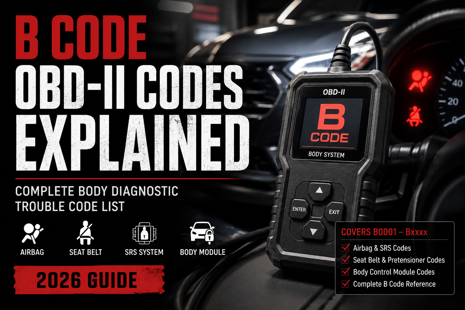 Illustration of an OBD-II scanner displaying a B-series Body diagnostic trouble code with a vehicle highlighting the airbag system, Body Control Module, crash sensors, and seat belt pretensioners.