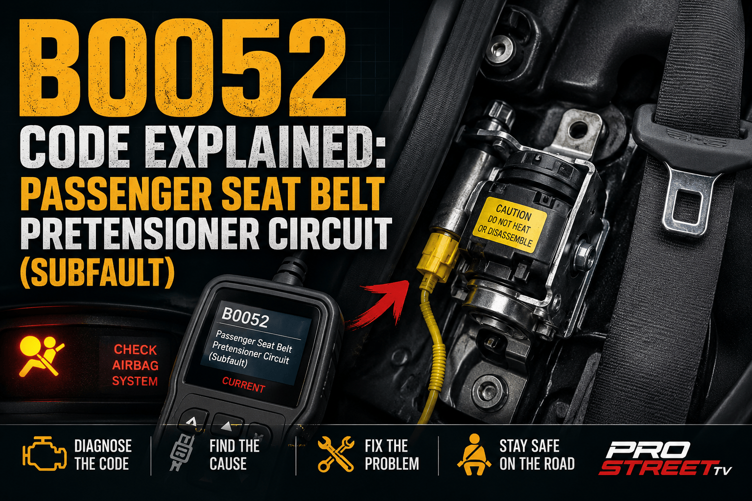 Passenger seat belt pretensioner highlighted with an OBD-II scanner displaying the B0052 diagnostic trouble code and illuminated SRS warning light.