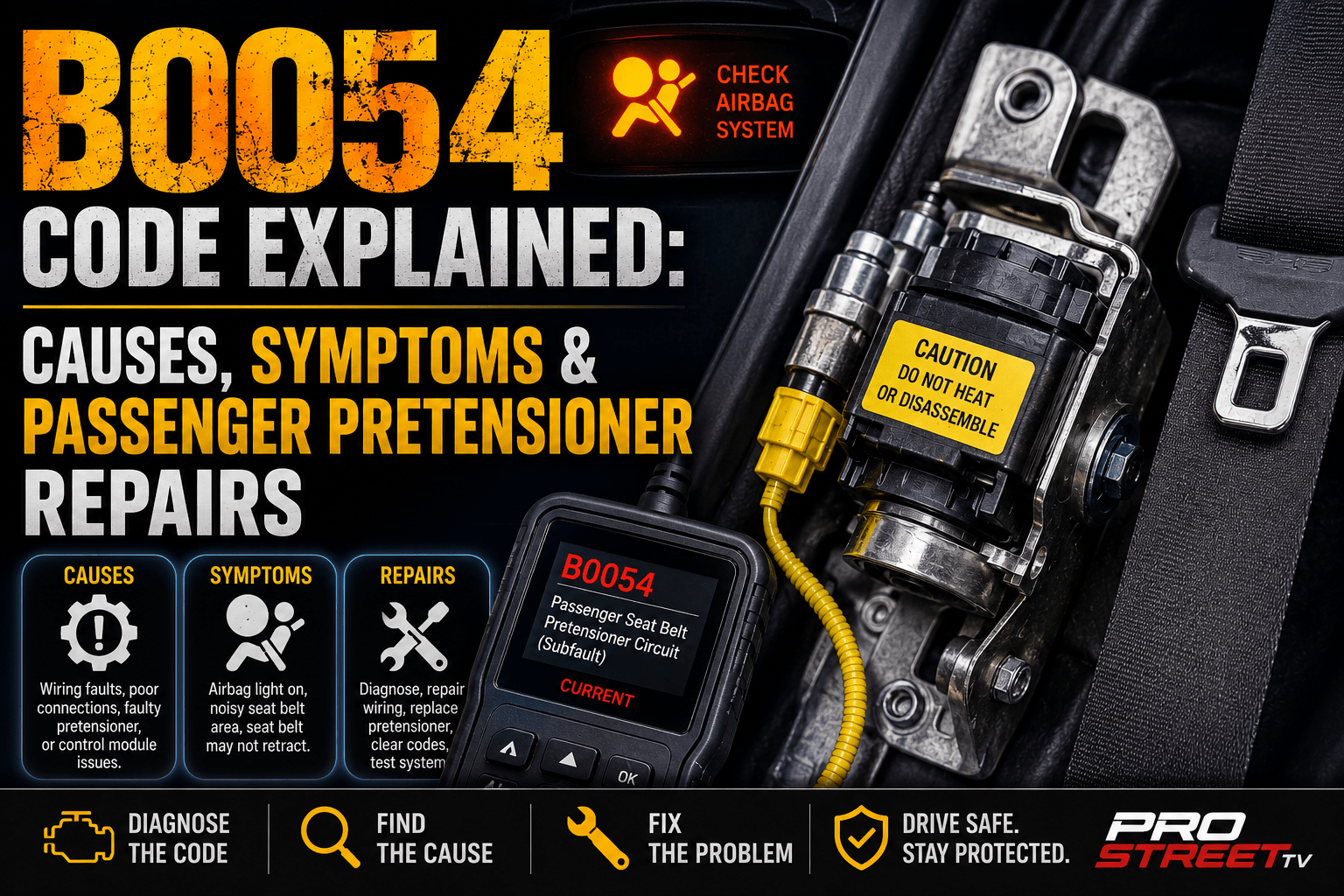 Passenger seat belt pretensioner assembly highlighted with an OBD-II scanner displaying B0054 and an illuminated SRS warning light.