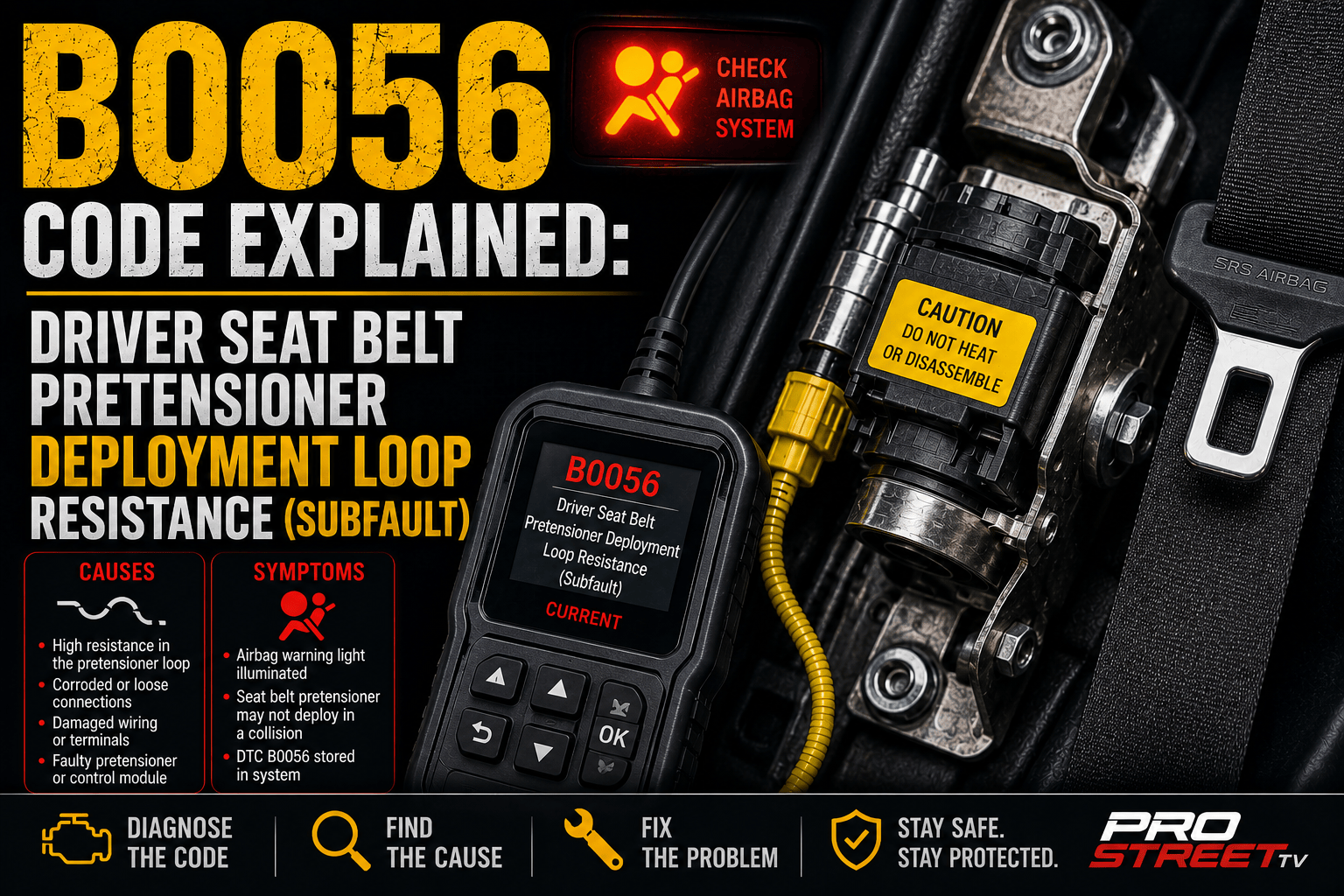 OBD-II scanner displaying B0056 with the driver's seat belt pretensioner highlighted and the SRS warning light illuminated.