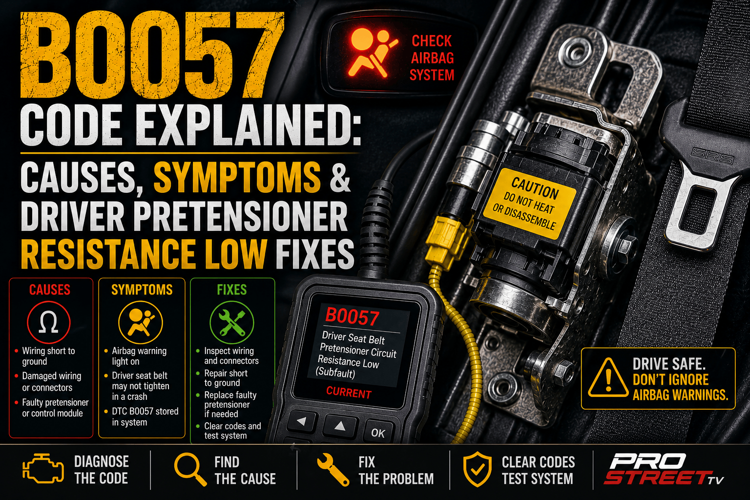 OBD-II scanner displaying B0057 beside a highlighted driver's seat belt pretensioner with the SRS warning light illuminated.