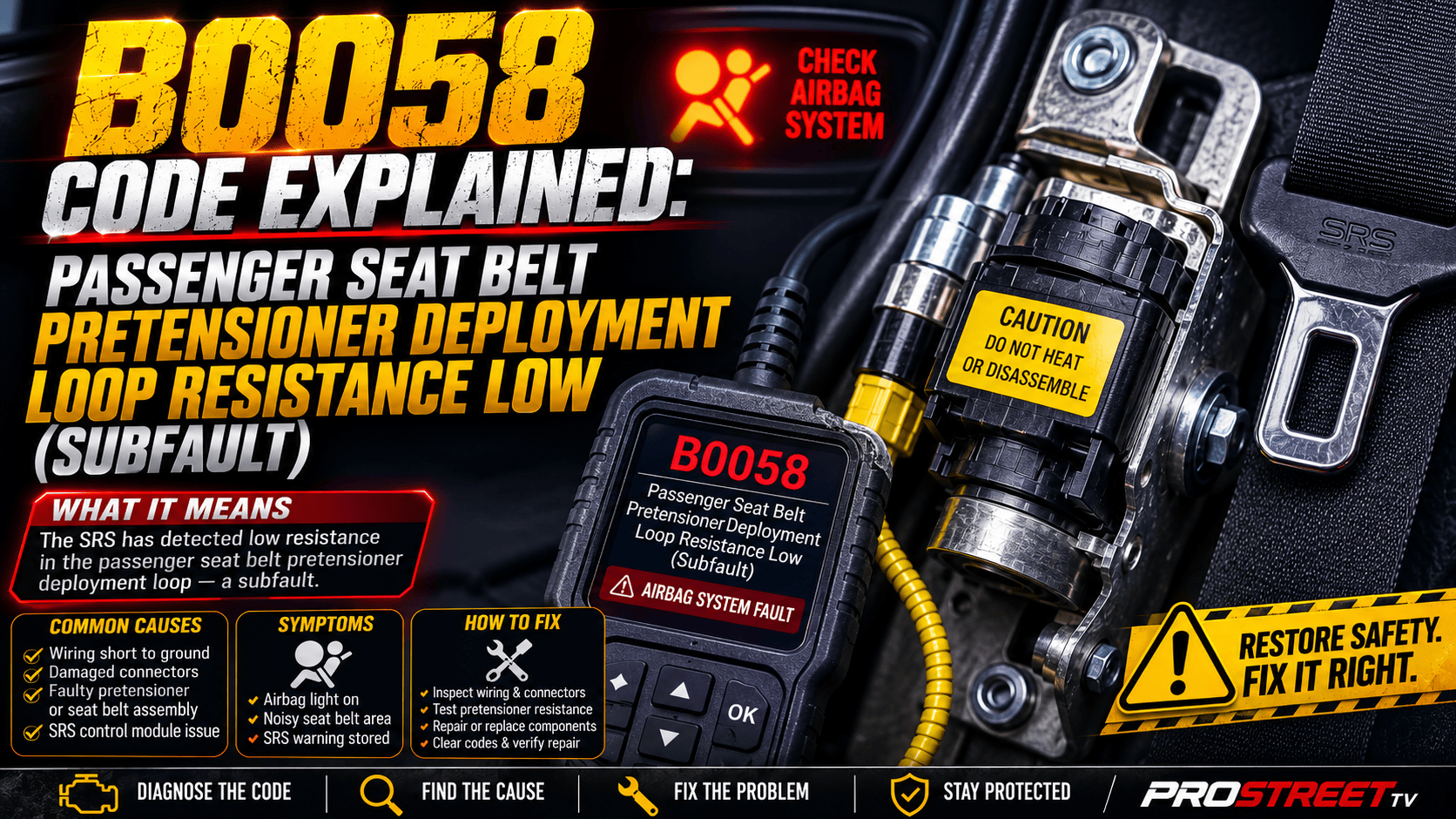 OBD-II scan tool displaying B0058 beside the highlighted passenger seat belt pretensioner with an illuminated SRS warning light.