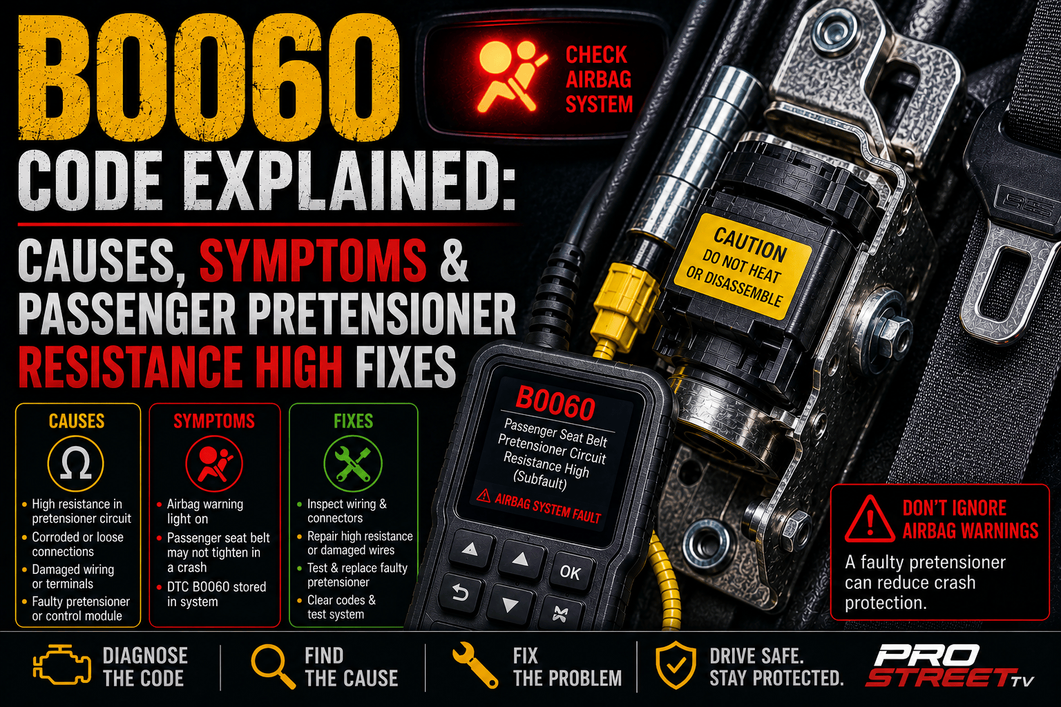 OBD-II scan tool displaying B0060 with the passenger seat belt pretensioner highlighted and the SRS warning light illuminated, indicating a high-resistance fault.