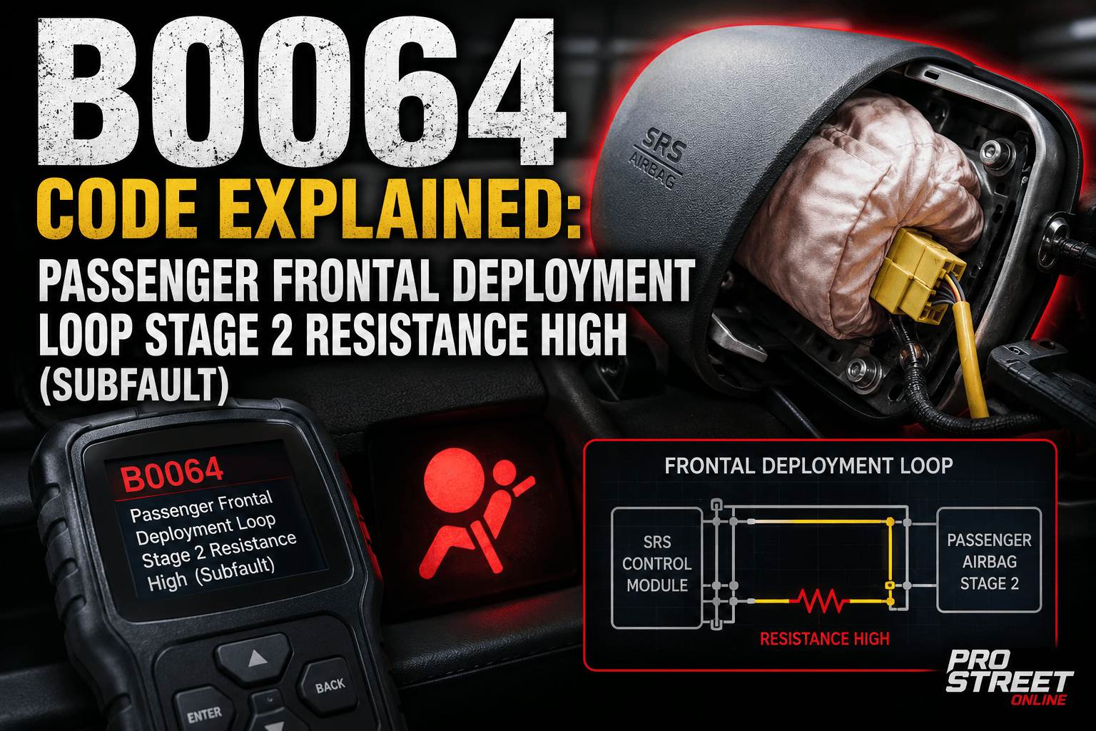 Passenger dashboard airbag with an OBD-II scanner displaying B0064 and an illuminated SRS warning light, highlighting a Stage 2 deployment loop resistance high fault.