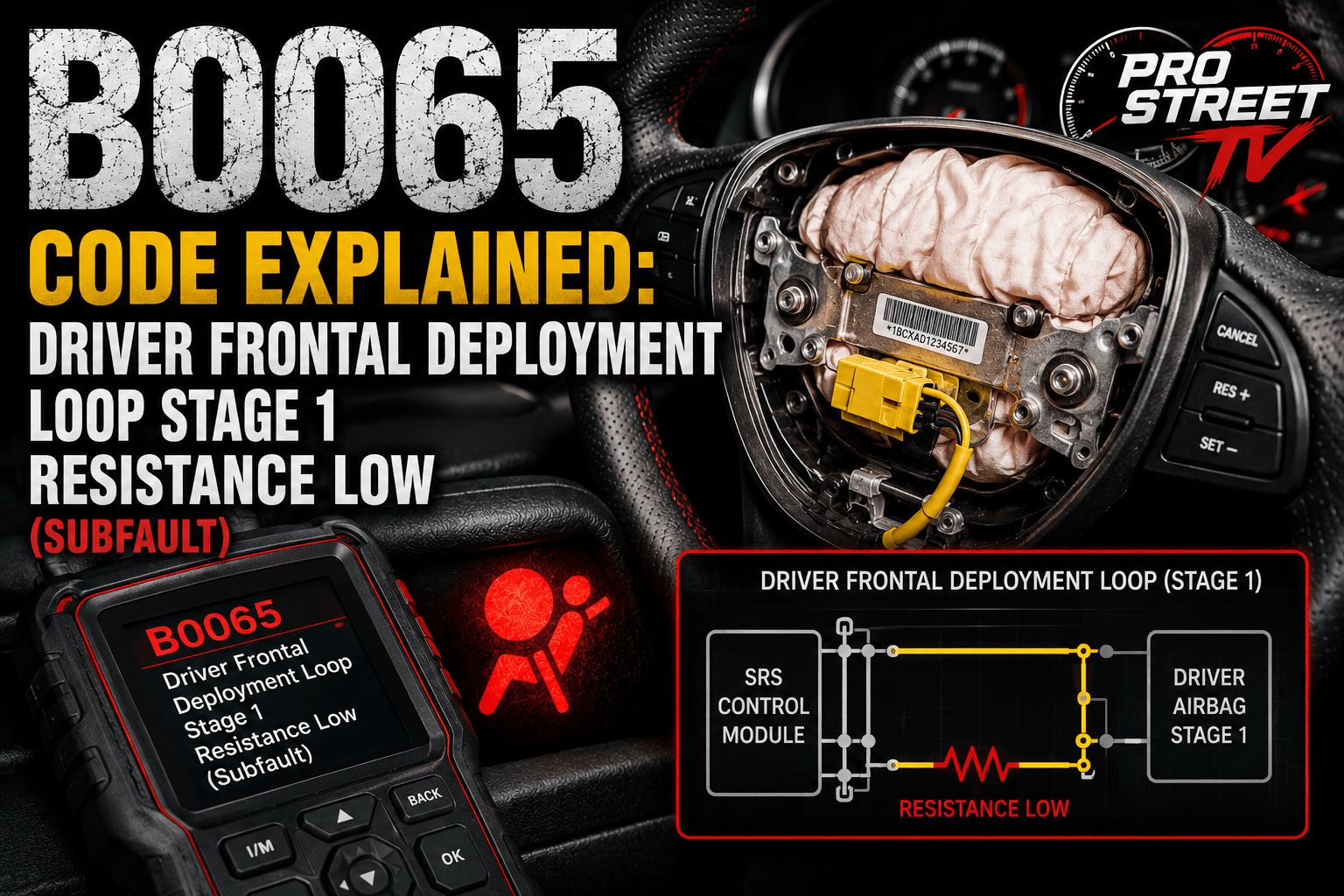 OBD-II scan tool displaying B0065 with the driver's steering wheel airbag highlighted and the SRS warning light illuminated, indicating a Stage 1 deployment loop low-resistance fault.