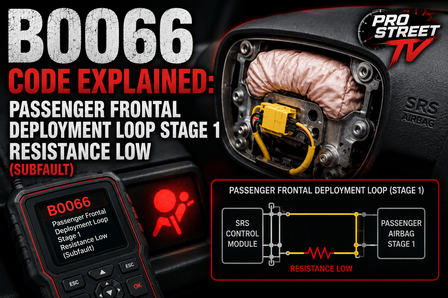 Passenger dashboard airbag with an OBD-II scanner displaying B0066 and an illuminated SRS warning light, highlighting a Stage 1 deployment loop low-resistance fault.