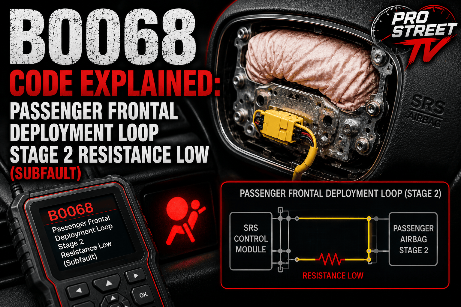 Passenger dashboard airbag with an OBD-II scanner displaying B0068 and an illuminated SRS warning light, highlighting a Stage 2 deployment loop low-resistance fault.