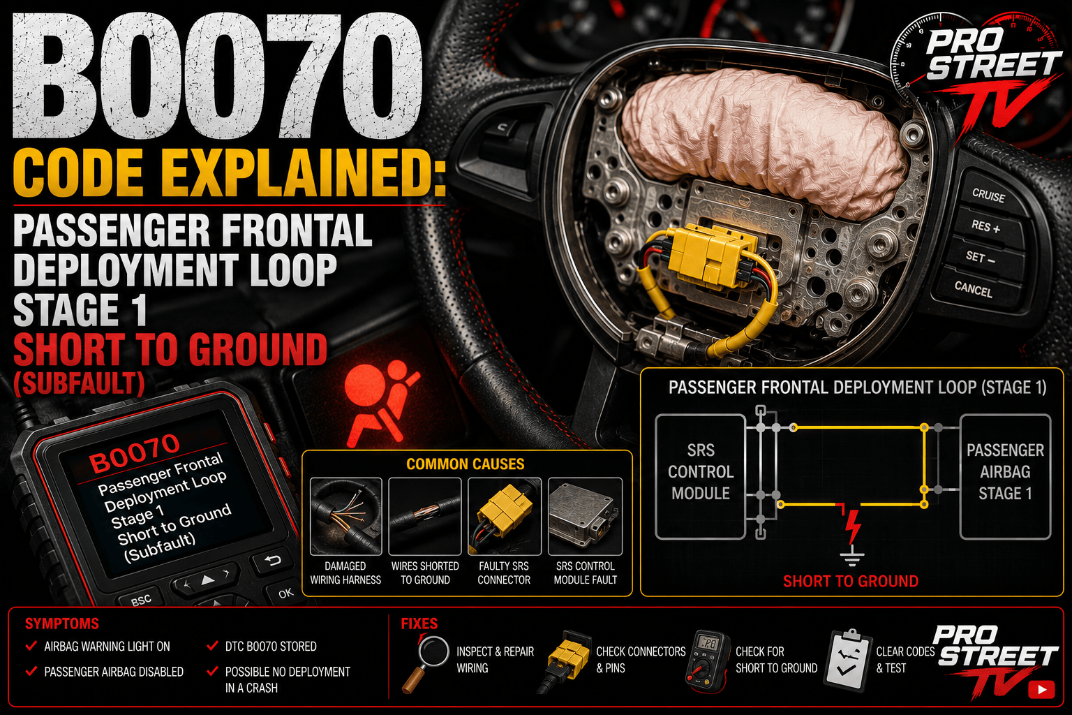 Passenger dashboard airbag with an OBD-II scanner displaying B0070 and highlighted SRS wiring showing a short-to-ground condition while the airbag warning light is illuminated.