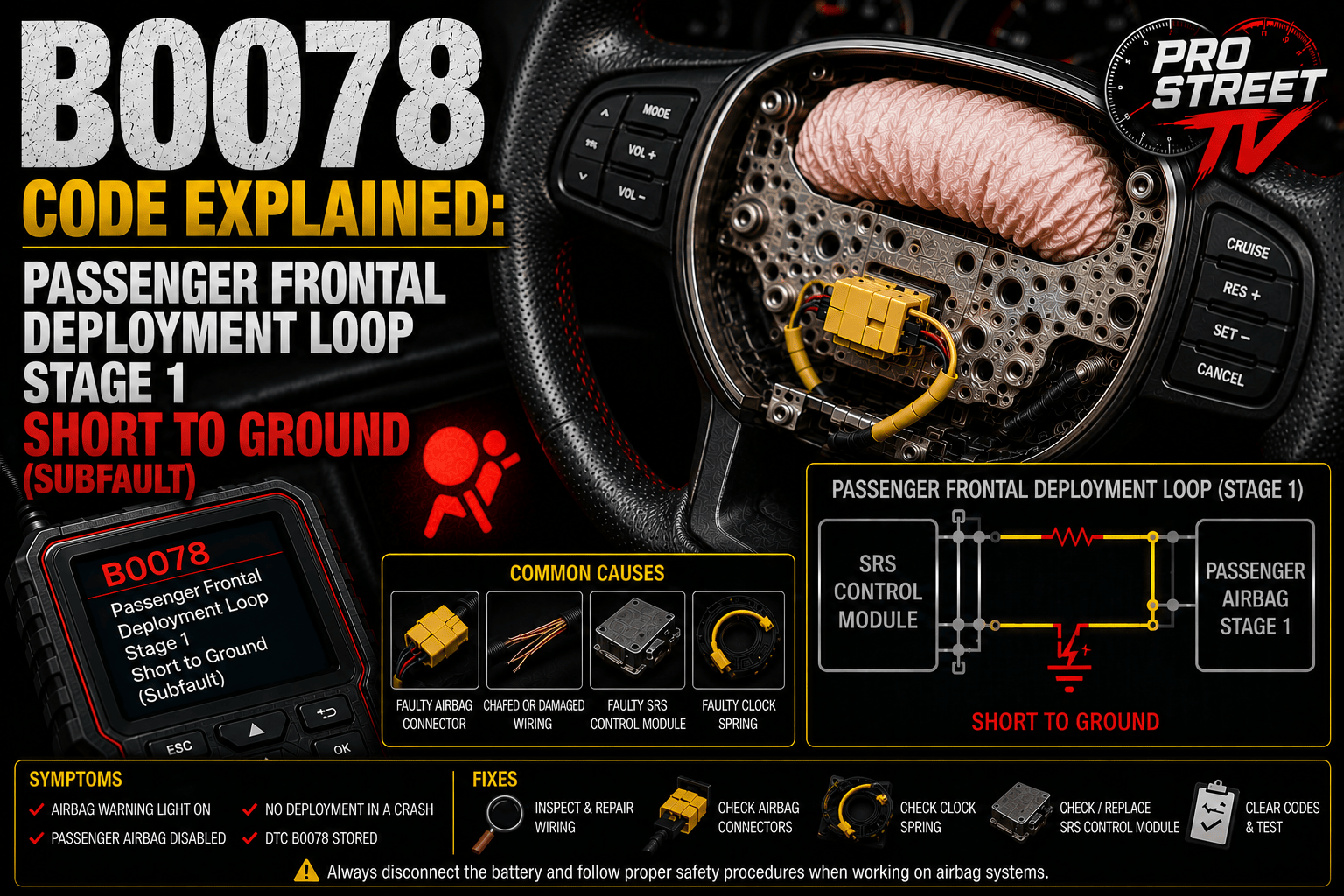 OBD-II scanner displaying B0078 beside a passenger dashboard airbag with highlighted chafed SRS wiring contacting a grounded dashboard support and an illuminated airbag warning light.