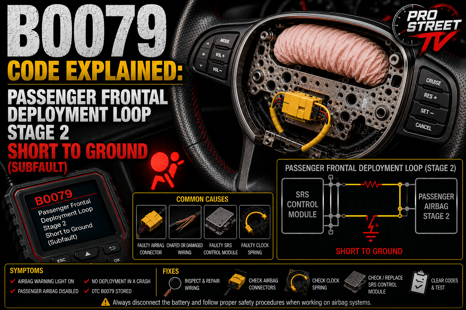OBD-II scanner displaying B0079 beside a passenger dashboard airbag with highlighted chafed SRS wiring contacting a grounded dashboard support and an illuminated airbag warning light, illustrating a Stage 2 deployment loop short-to-ground fault.