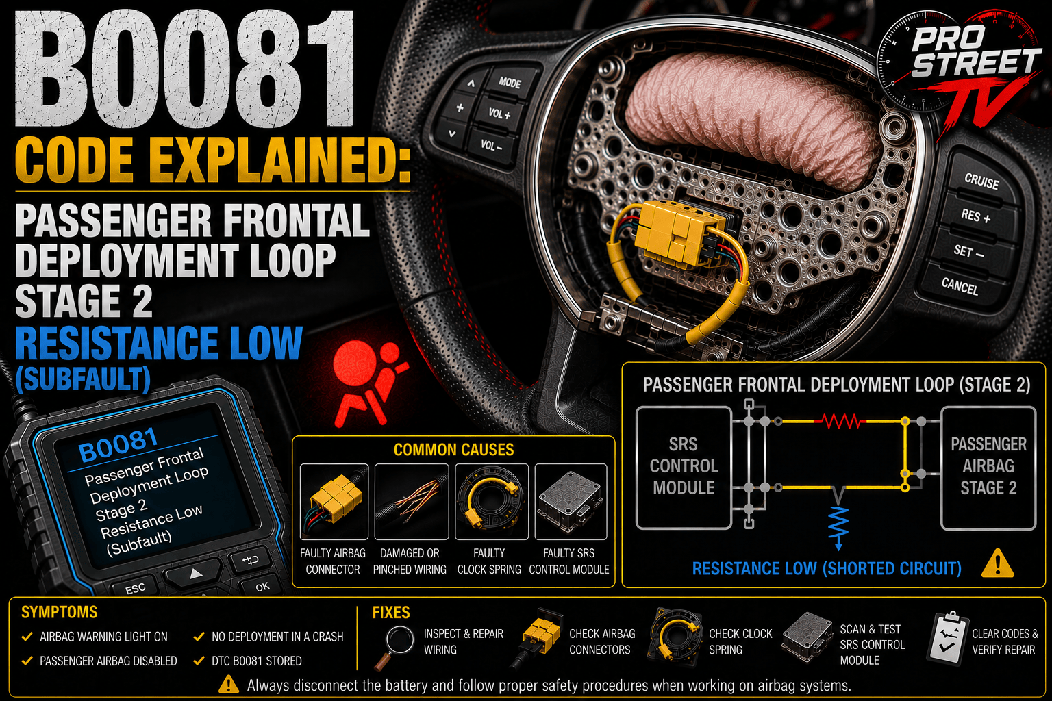 OBD-II scanner displaying B0081 beside a passenger dashboard airbag with highlighted SRS wiring and connectors indicating a Stage 2 low-resistance deployment circuit fault.
