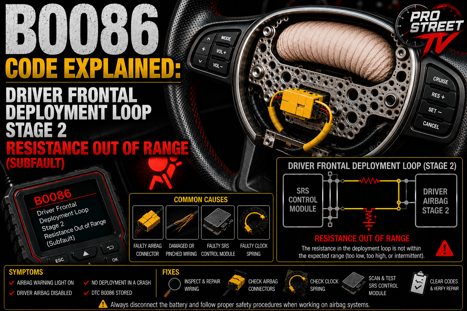 OBD-II scanner displaying B0086 beside a steering wheel airbag with a highlighted clock spring and SRS wiring illustrating an out-of-range resistance fault in the Driver Stage 2 deployment circuit.