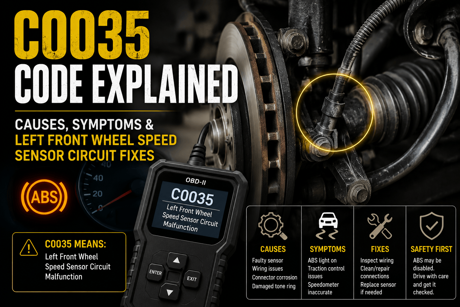An OBD-II scanner displaying C0035 alongside a highlighted left front wheel speed sensor mounted at the steering knuckle with the ABS warning light illuminated.