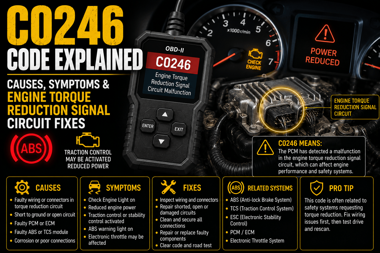 An OBD-II scanner displaying C0246 alongside a CAN bus communication diagram linking the Electronic Brake Control Module and Engine Control Module, with traction control and stability control warning lights illuminated.