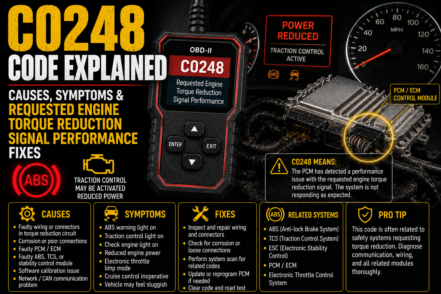 An OBD-II scanner displaying C0248 with a diagram showing communication between the Electronic Brake Control Module and Engine Control Module, highlighting the electronic throttle body while the traction control and stability control warning lights are illuminated.