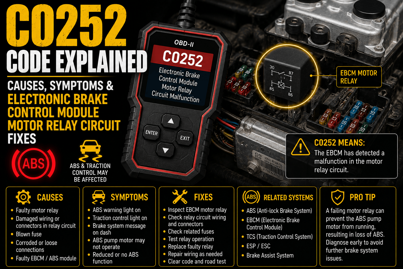 An OBD-II scanner displaying C0252 with the ABS hydraulic control unit and pump motor relay highlighted inside the engine compartment fuse box while the ABS and traction control warning lights are illuminated.