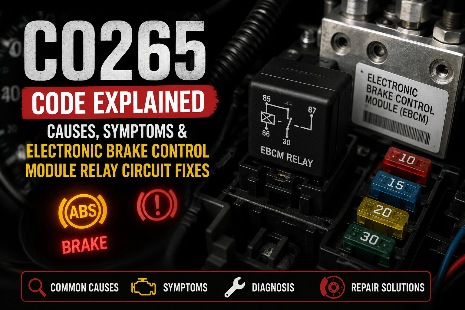 An OBD-II scanner displaying C0265 with the Electronic Brake Control Module highlighted on the ABS hydraulic unit, showing an internal relay circuit while the ABS and StabiliTrak warning lights are illuminated.